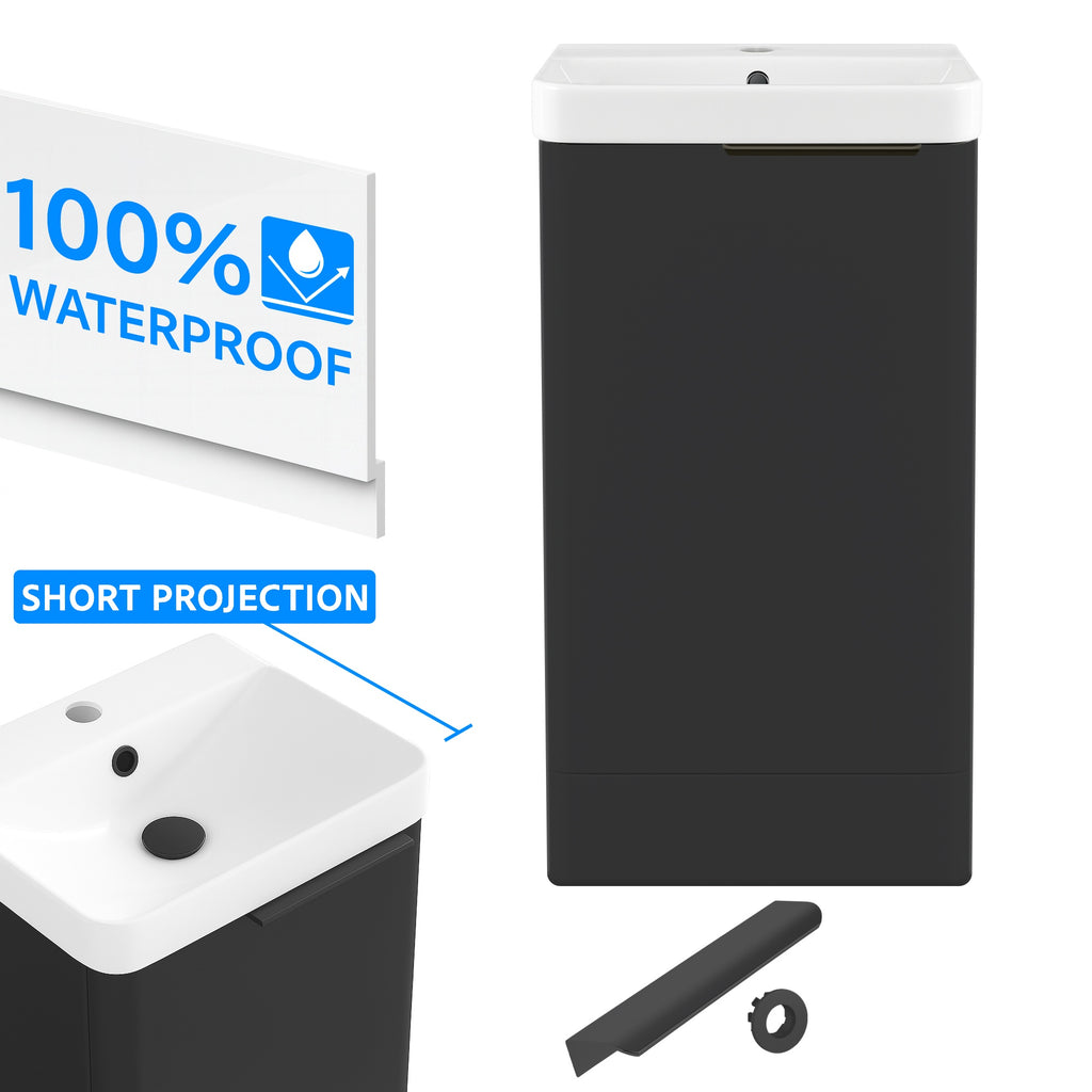 Bathroom Cloakroom Vanity Unit Compact Basin Sink Black 400mm Soft Close Cabinet - Matte Black Handle