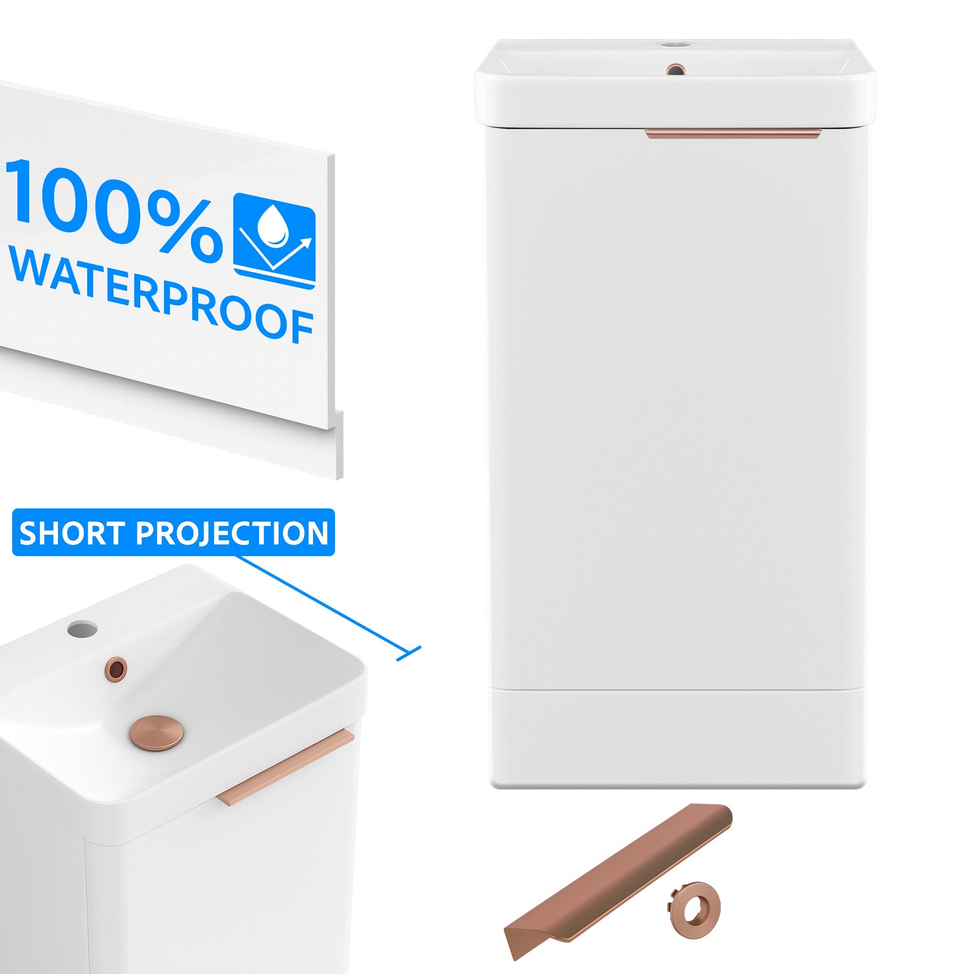 Bathroom Cloakroom Vanity Unit Compact Basin Sink White 400mm Soft Close Cabinet - Brushed Copper Handle