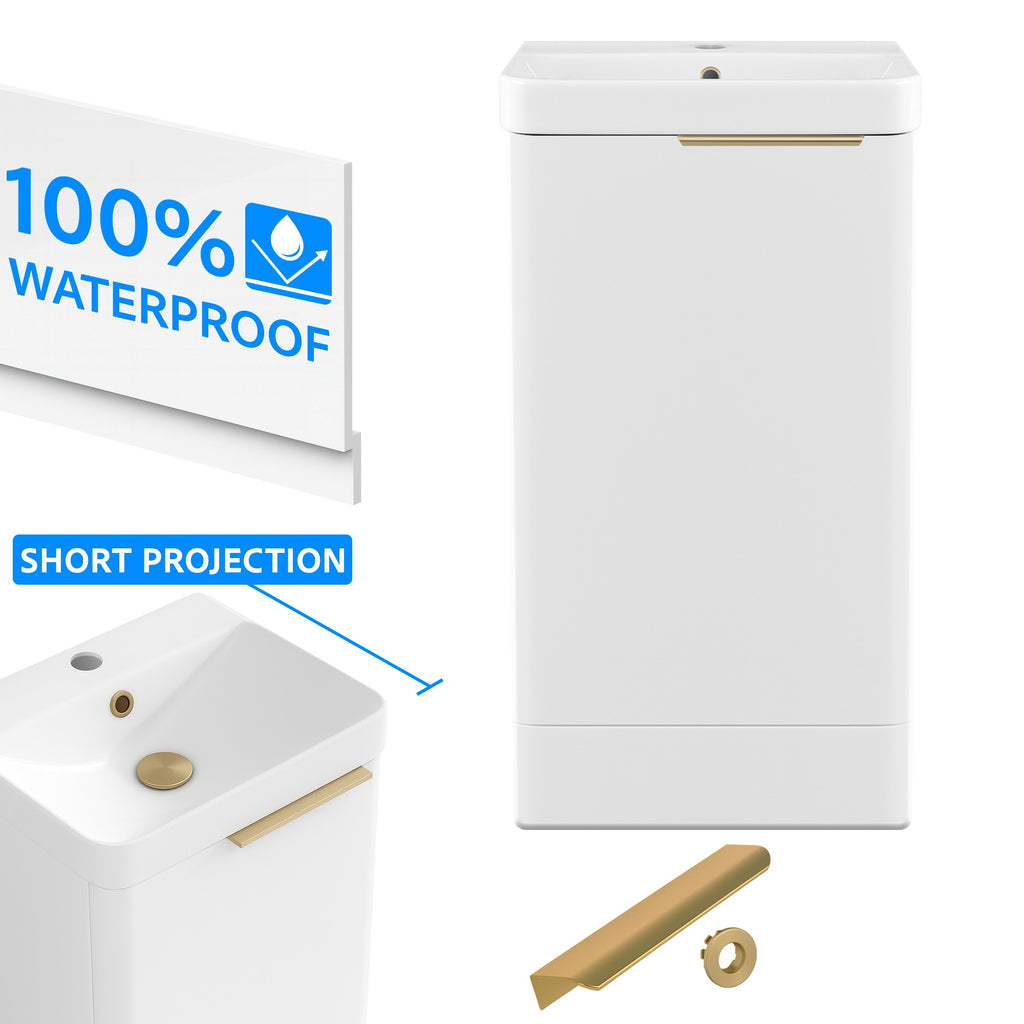 Bathroom Cloakroom Vanity Unit Compact Basin Sink White 400mm Soft Close Cabinet - Brushed Gold Handle