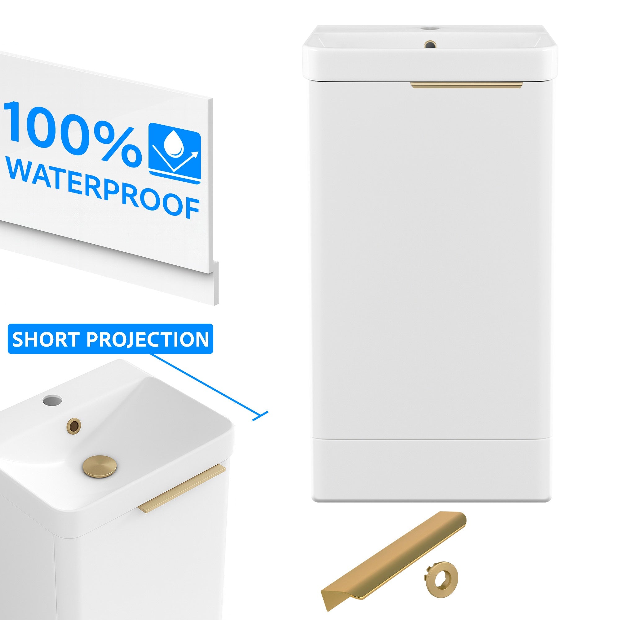 Bathroom Cloakroom Vanity Unit Compact Basin Sink White 400mm Soft Close Cabinet - Brushed Gold Handle