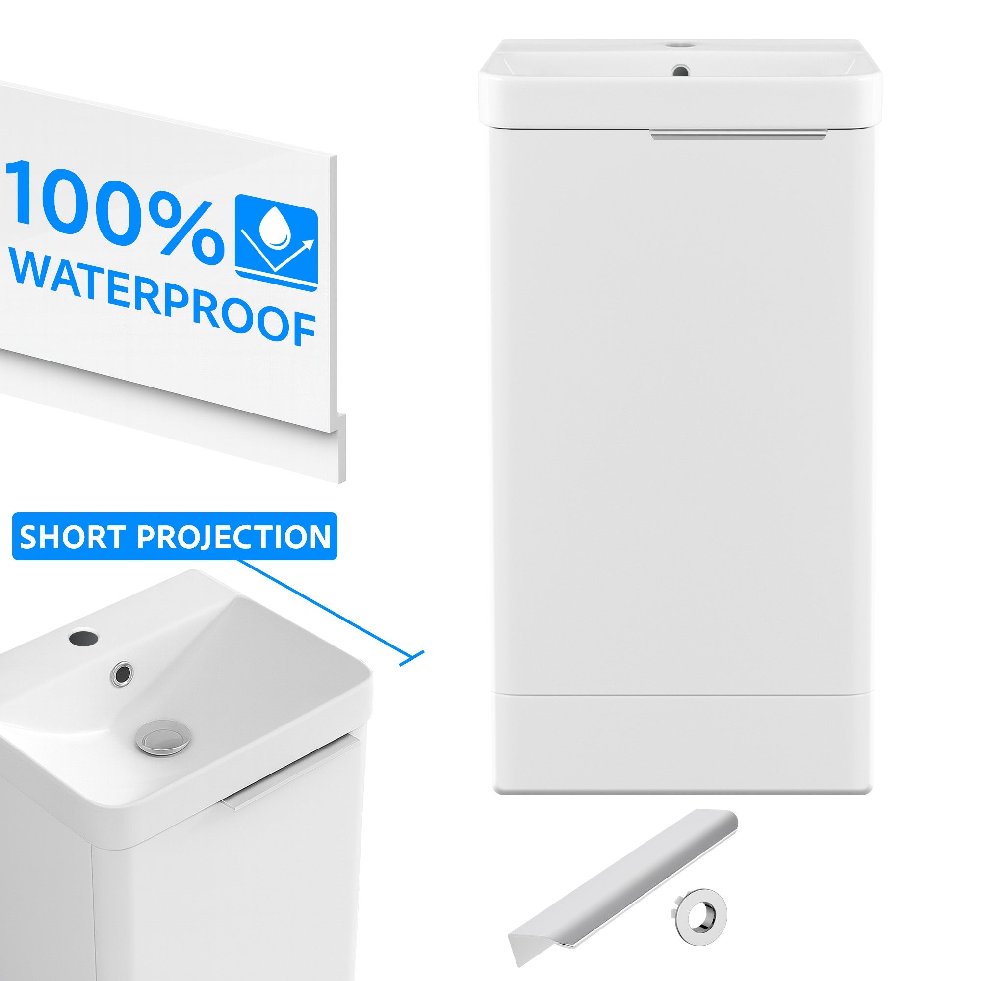 Bathroom Cloakroom Vanity Unit Compact Basin Sink White 400mm Soft Close Cabinet - Polished Chrome Handle