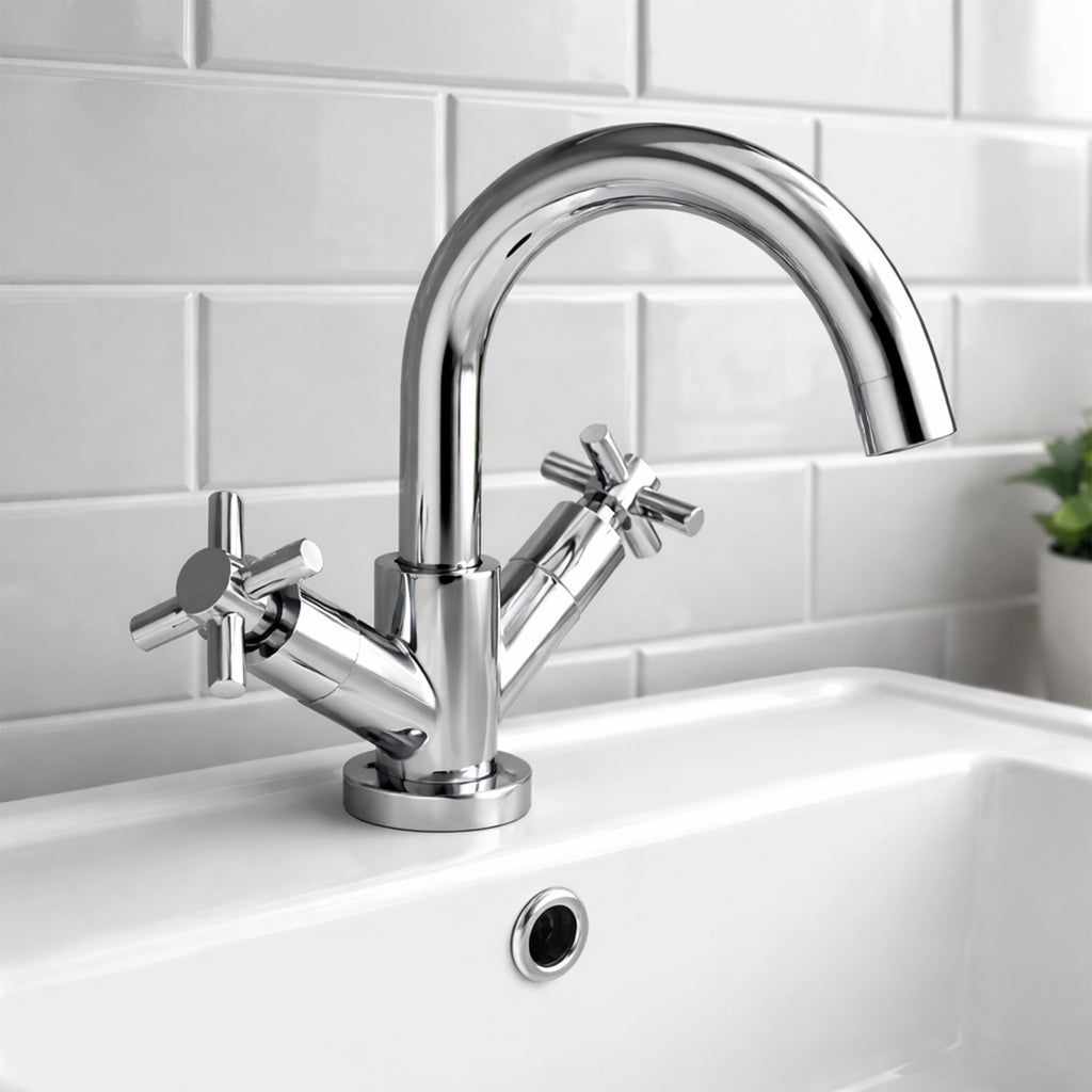 Chrome Cross Handle Bathroom Basin Tap - Compact Solid Brass Construction