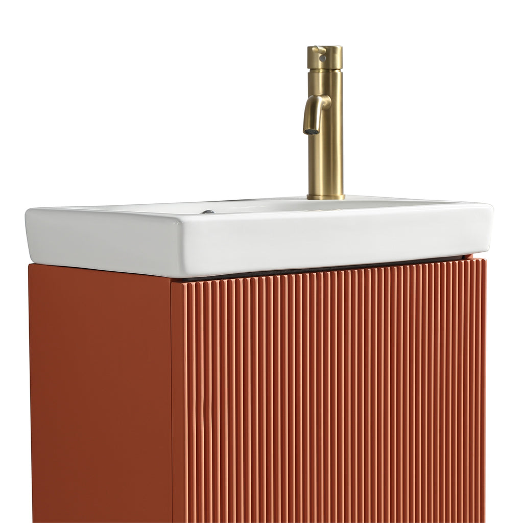 Fluted Mini Cloakroom Vanity Unit Basin Floor Standing with Chrome Tap and Waste - Bruciata Orange