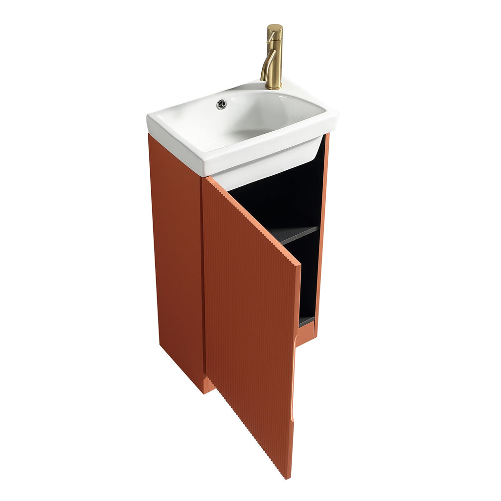 Fluted Mini Cloakroom Vanity Unit Basin Floor Standing with Chrome Tap and Waste - Bruciata Orange