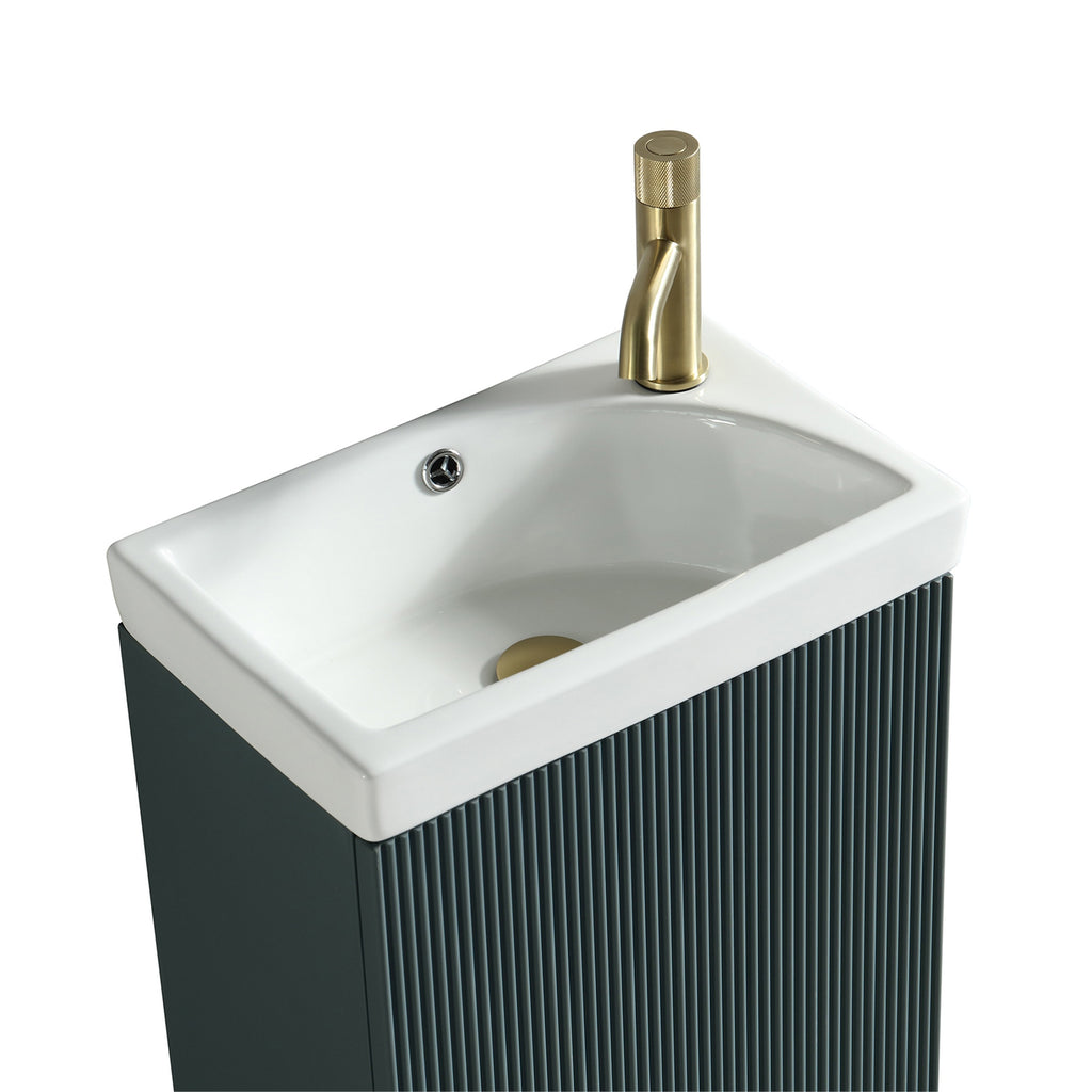 Fluted Mini Cloakroom Vanity Unit Basin Floor Standing with Chrome Tap and Waste - Smoked Sage