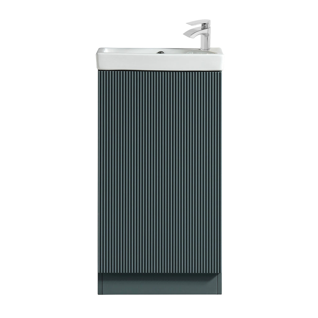 Fluted Mini Cloakroom Vanity Unit Basin Floor Standing with Chrome Tap and Waste - Smoked Sage