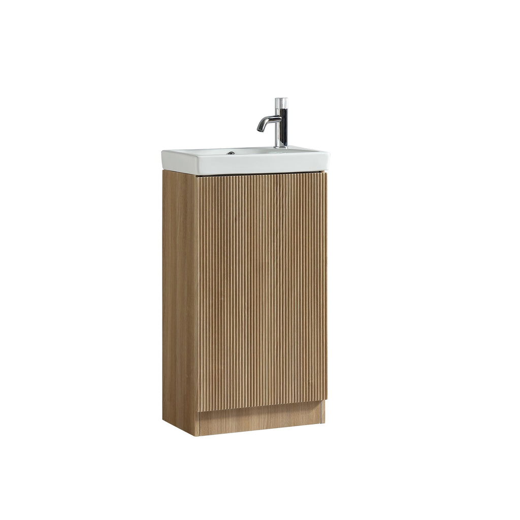 Fluted Mini Cloakroom Vanity Unit Basin Floor Standing with Chrome Tap and Waste - Country Oak