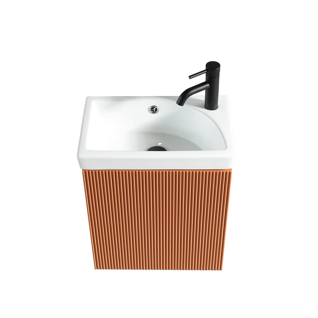 Fluted Mini Cloakroom Vanity Unit Basin Wall Mounted with Chrome Tap and Waste - Bruciata Orange