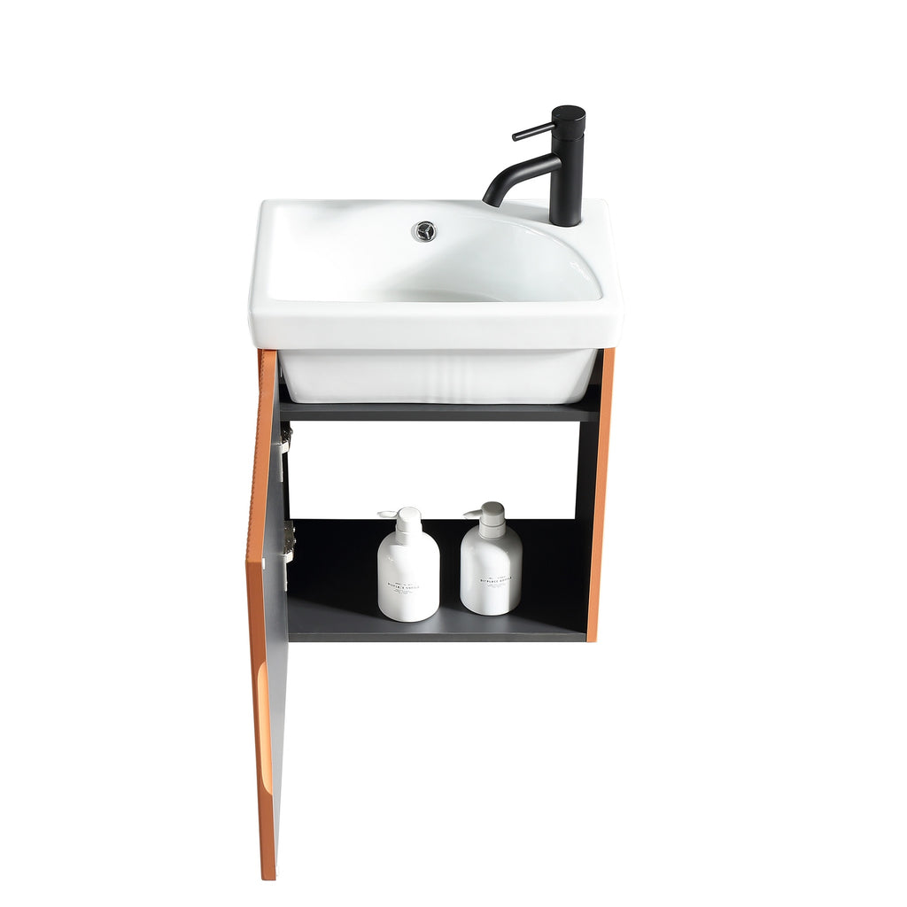 Fluted Mini Cloakroom Vanity Unit Basin Wall Mounted with Chrome Tap and Waste - Bruciata Orange