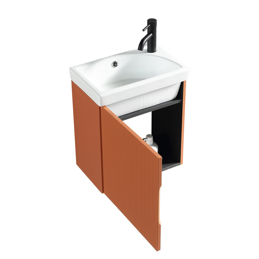 Fluted Mini Cloakroom Vanity Unit Basin Wall Mounted with Chrome Tap and Waste - Bruciata Orange