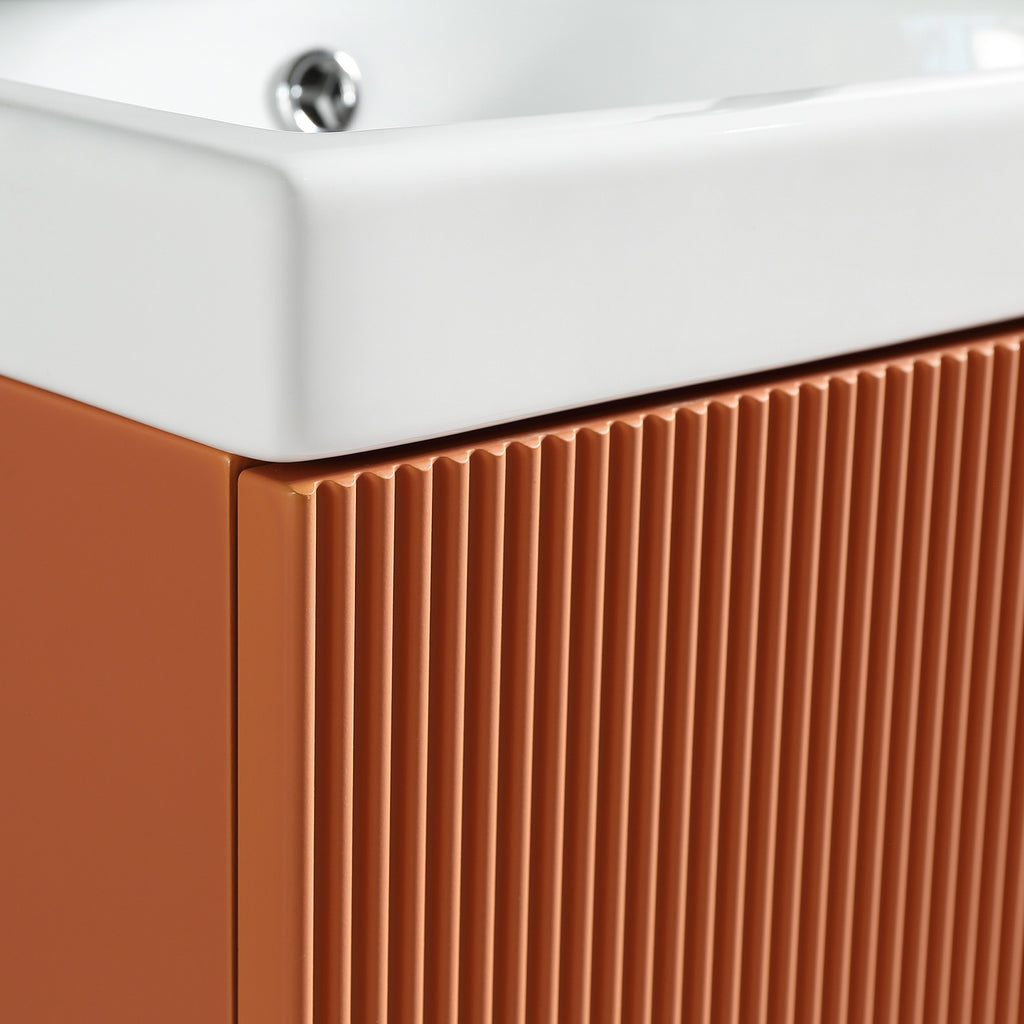 Fluted Mini Cloakroom Vanity Unit Basin Wall Mounted with Chrome Tap and Waste - Bruciata Orange