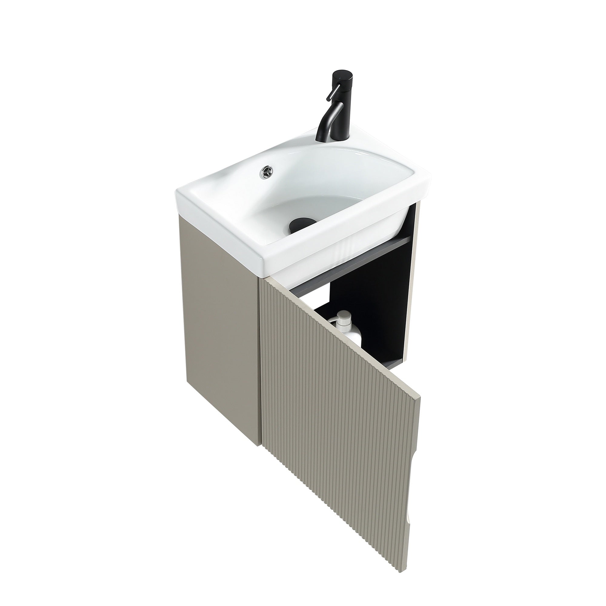 Fluted Mini Cloakroom Vanity Unit Basin Wall Mounted with Chrome Tap and Waste - Soft Coffee