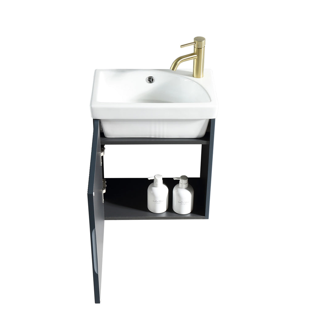 Fluted Mini Cloakroom Vanity Unit Basin Wall Mounted with Chrome Tap and Waste - Midnight Shadow