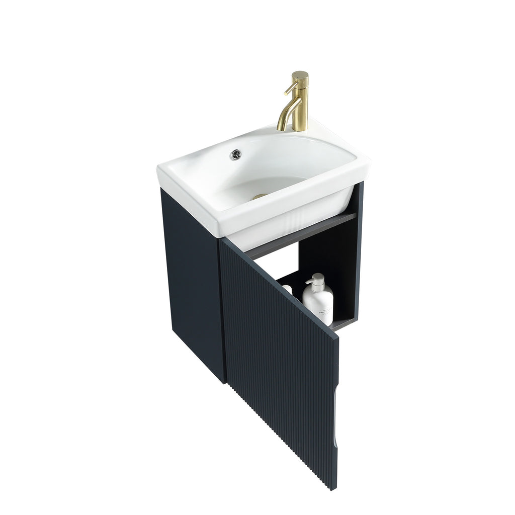 Fluted Mini Cloakroom Vanity Unit Basin Wall Mounted with Chrome Tap and Waste - Midnight Shadow