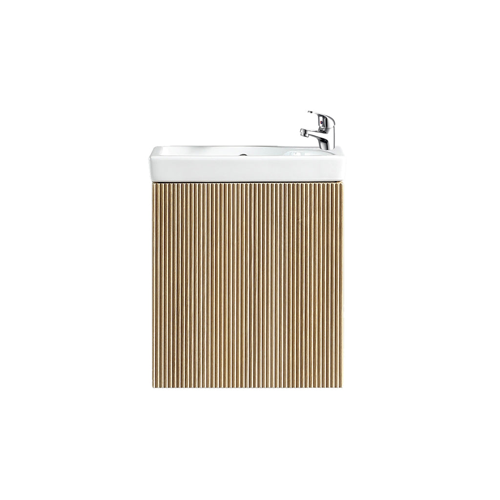Fluted Mini Cloakroom Vanity Unit Basin Wall Mounted with Chrome Tap and Waste - Country Oak