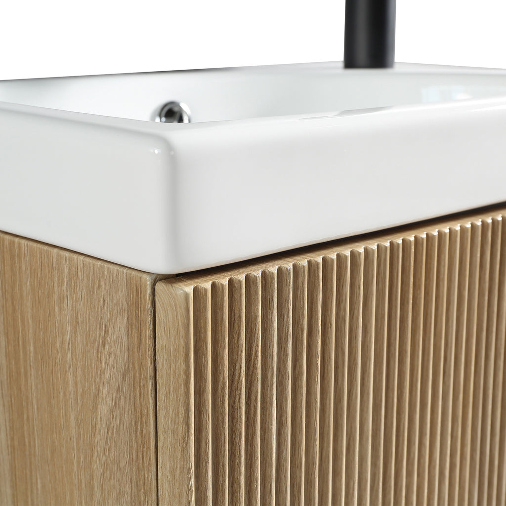 Fluted Mini Cloakroom Vanity Unit Basin Wall Mounted with Chrome Tap and Waste - Country Oak