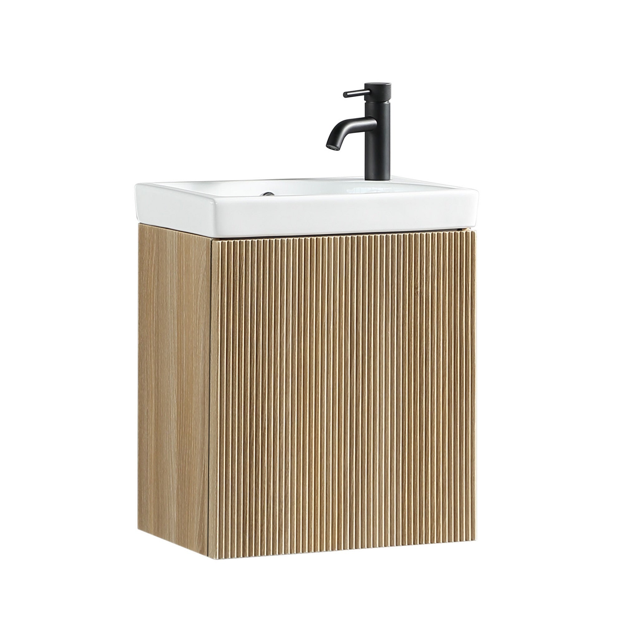 Fluted Mini Cloakroom Vanity Unit Basin Wall Mounted with Chrome Tap and Waste - Country Oak