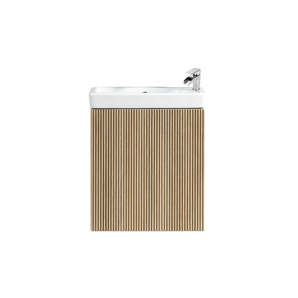 Fluted Mini Cloakroom Vanity Unit Basin Wall Mounted with Chrome Tap and Waste - Country Oak