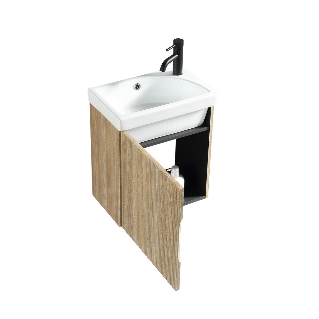 Fluted Mini Cloakroom Vanity Unit Basin Wall Mounted with Chrome Tap and Waste - Country Oak
