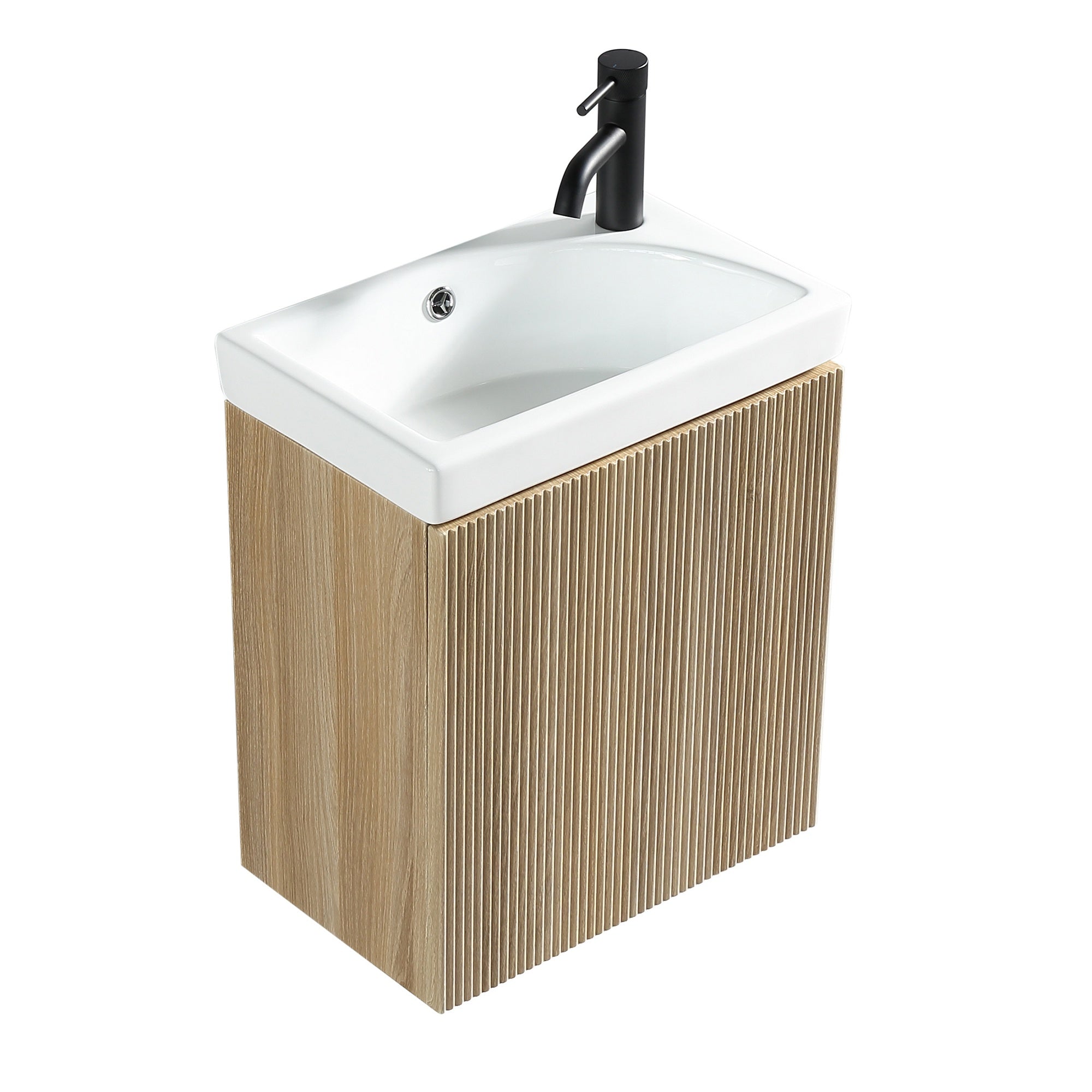 Fluted Mini Cloakroom Vanity Unit Basin Wall Mounted with Chrome Tap and Waste - Country Oak