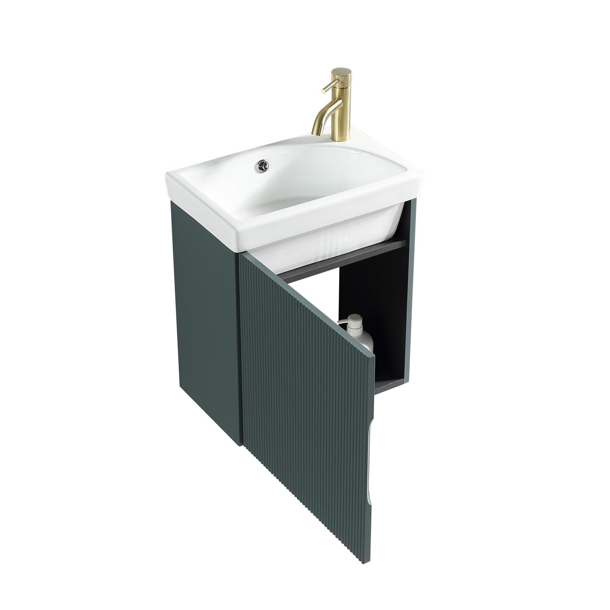 Fluted Mini Cloakroom Vanity Unit Basin Wall Mounted with Chrome Tap and Waste - Smoked Sage