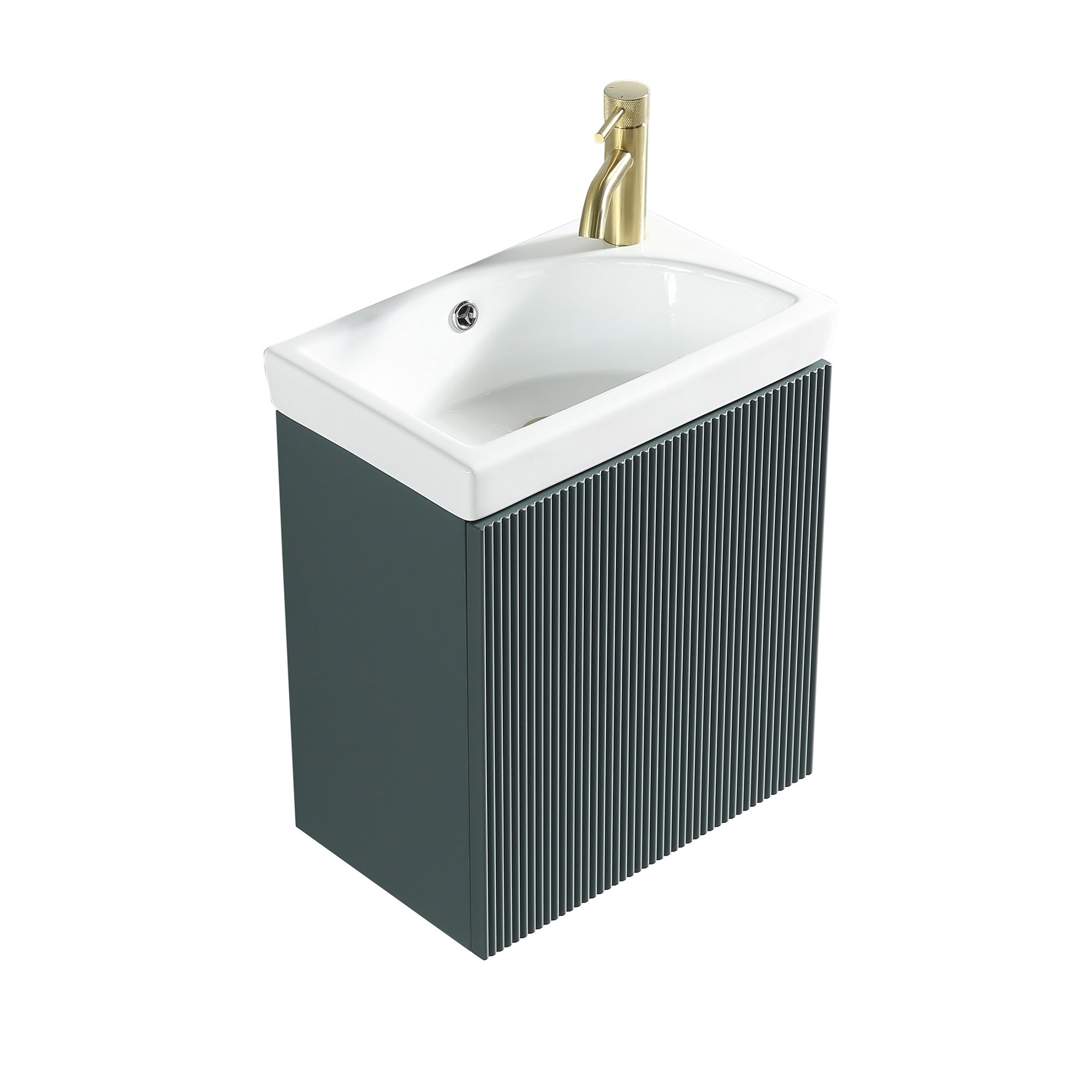 Fluted Mini Cloakroom Vanity Unit Basin Wall Mounted with Chrome Tap and Waste - Smoked Sage
