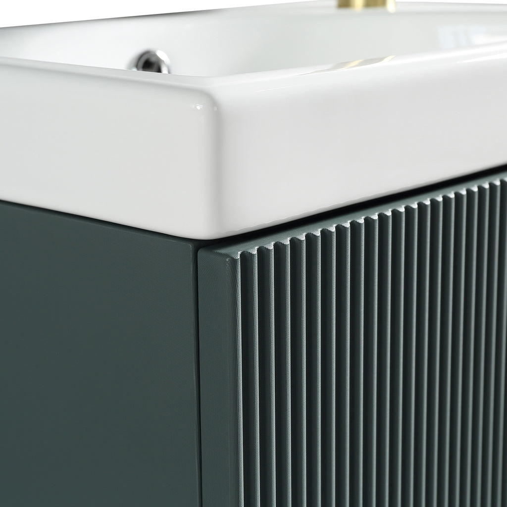 Fluted Mini Cloakroom Vanity Unit Basin Wall Mounted with Chrome Tap and Waste - Smoked Sage