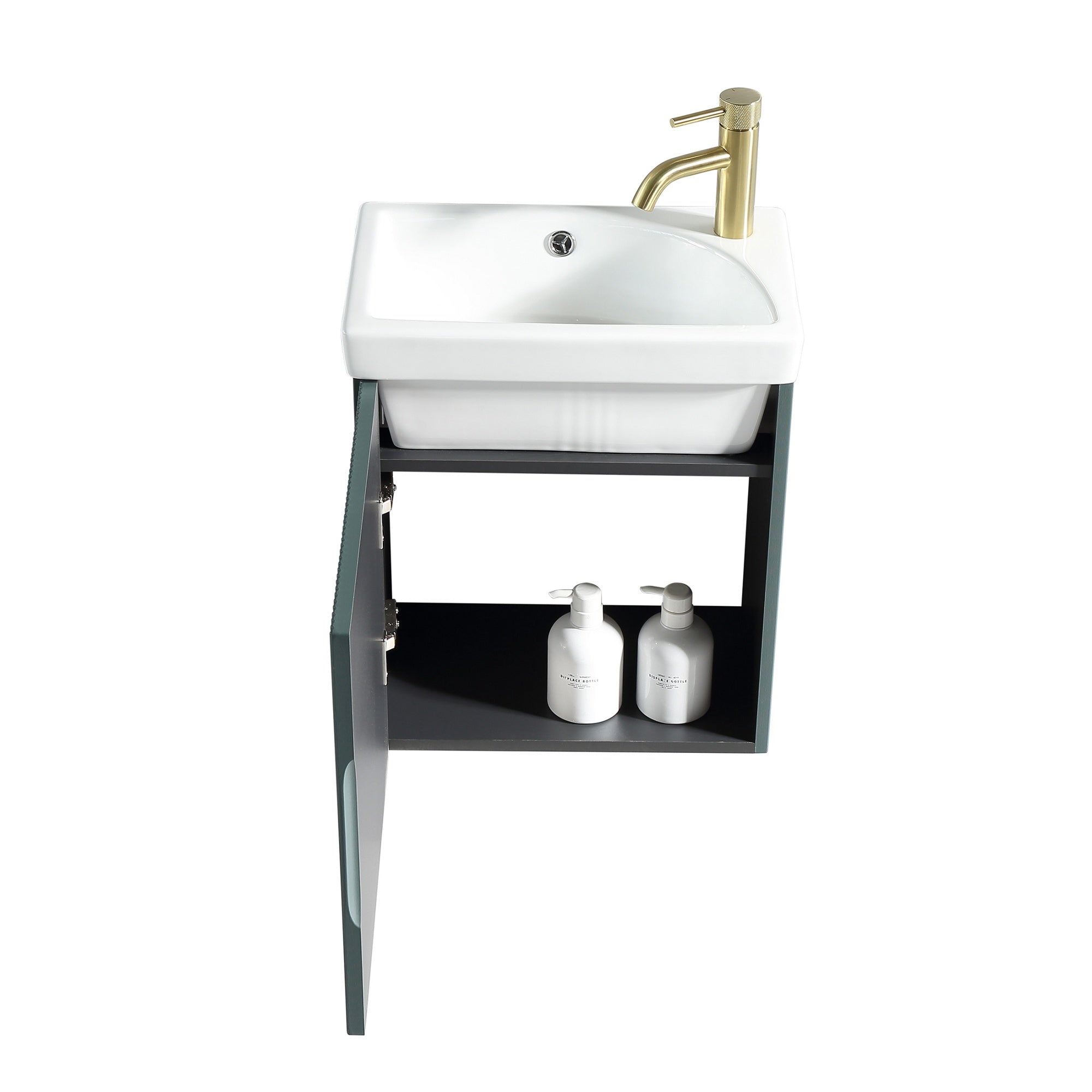 Fluted Mini Cloakroom Vanity Unit Basin Wall Mounted with Chrome Tap and Waste - Smoked Sage