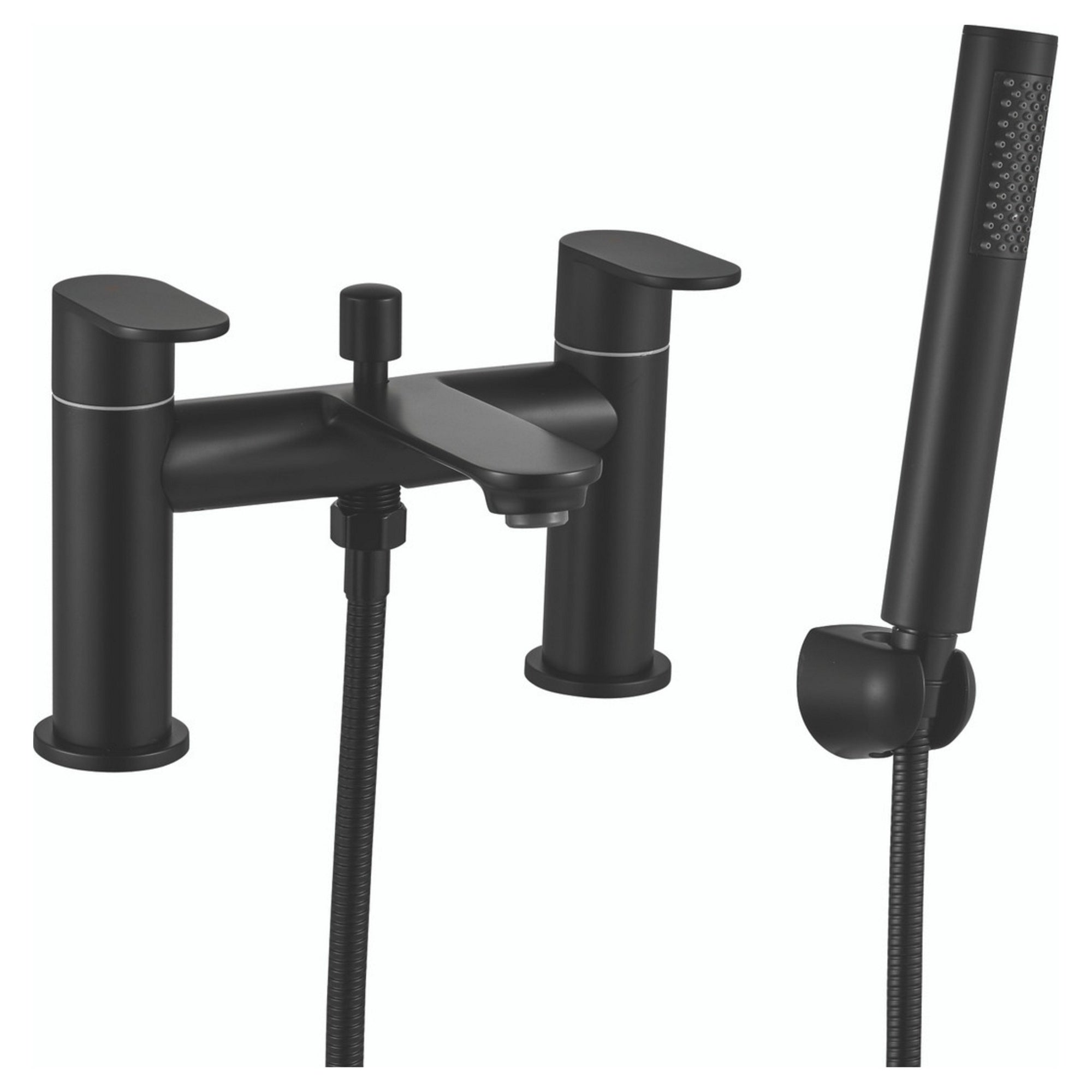 Matt Black Bath Shower Mixer Tap with Handheld Shower Kit - Twin Handle Deck Mounted Brass Bathroom Tap 3/4 BSP
