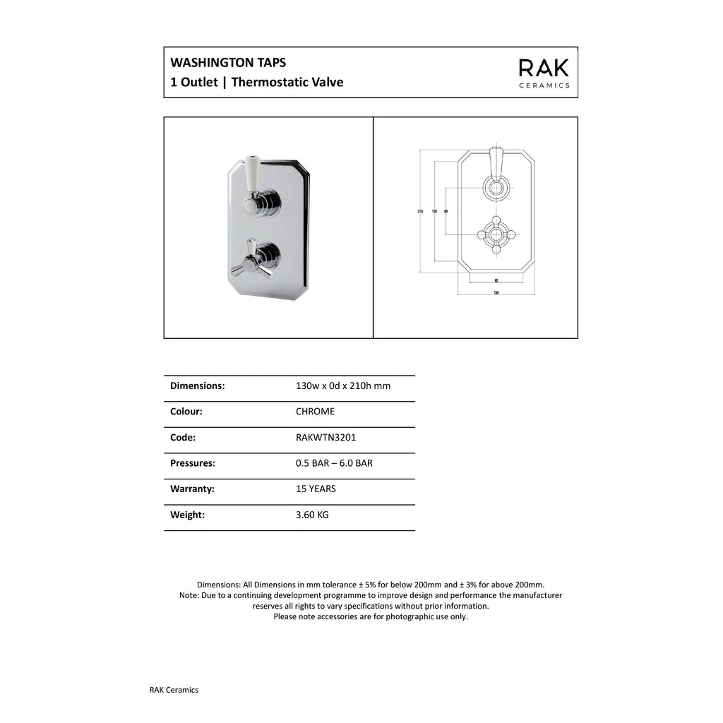 RAK Washington Traditional 1 Outlet Thermostatic Valve - Chrome