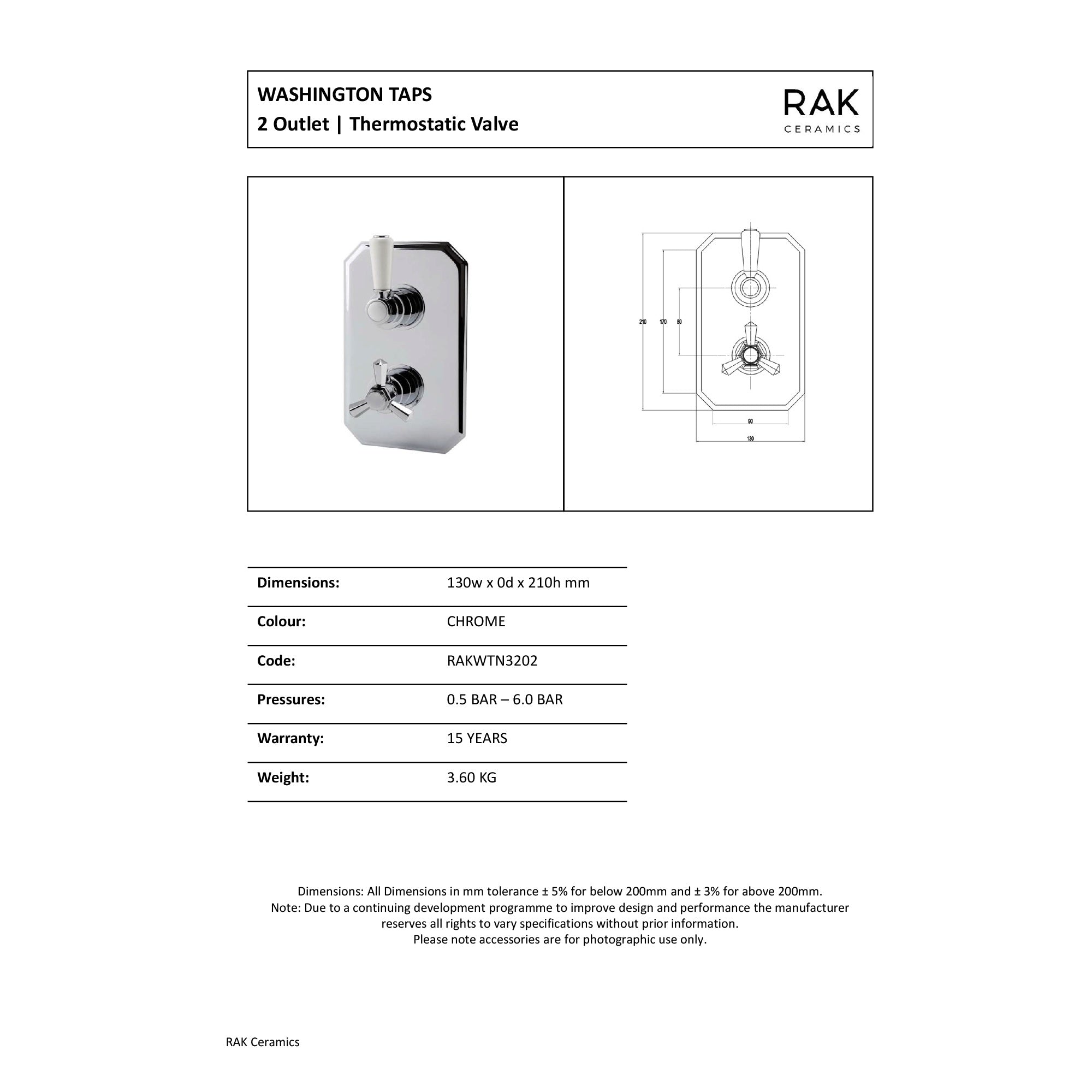 RAK Washington Traditional 2 Outlet Thermostatic Valve - Chrome