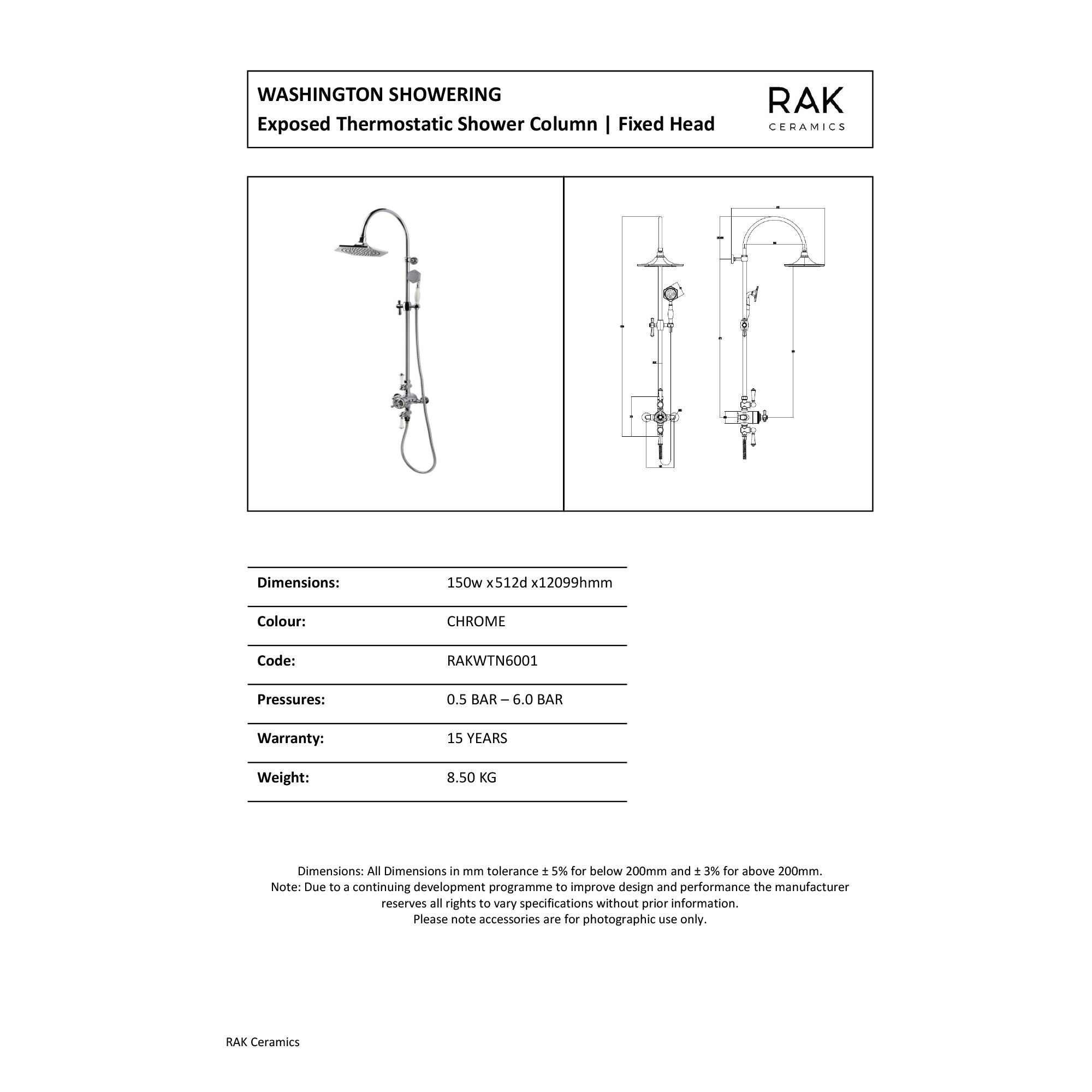 RAK Washington Traditional Exposed Thermostatic Shower Column - Chrome