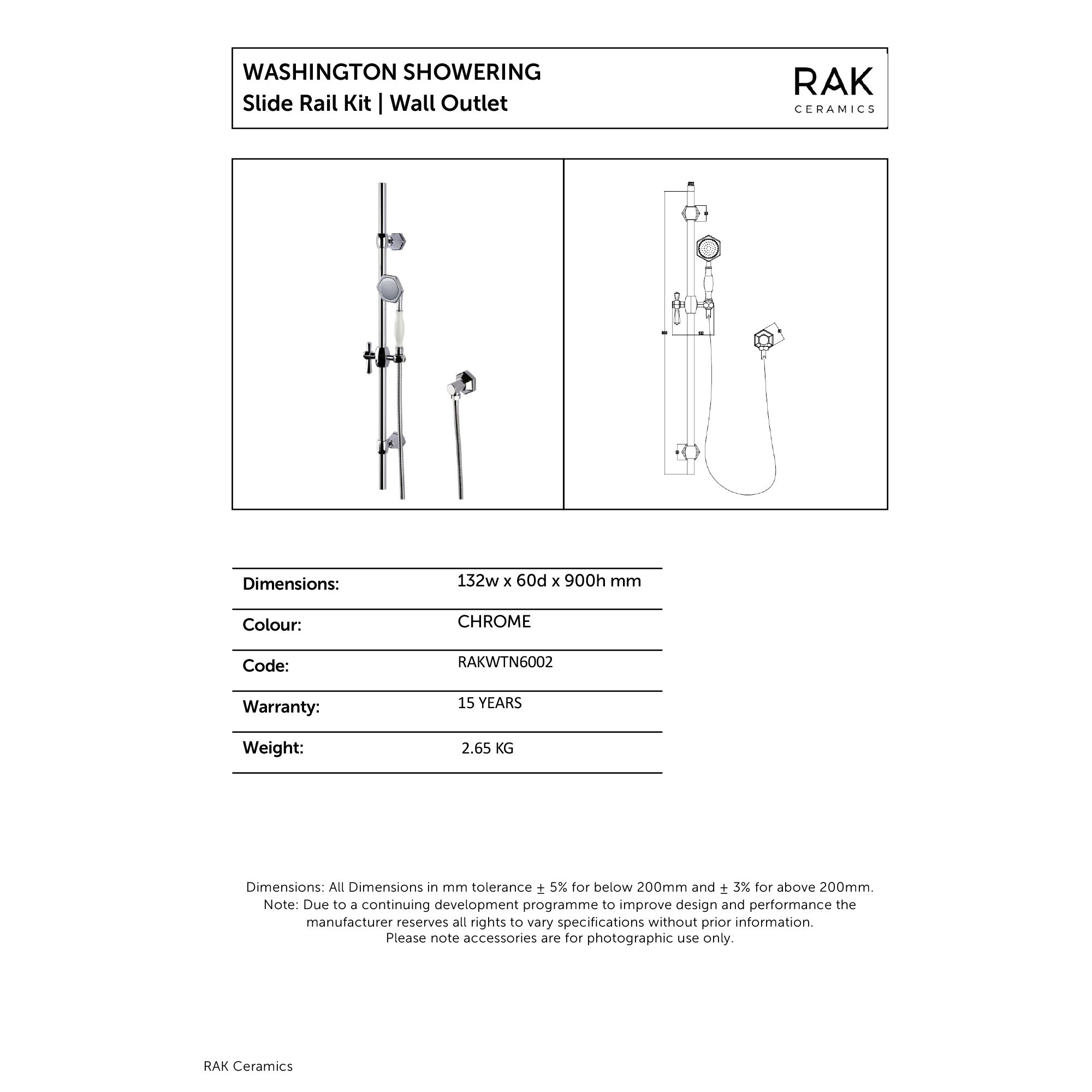 RAK Washington Traditional Shower Slider Rail Kit - Chrome