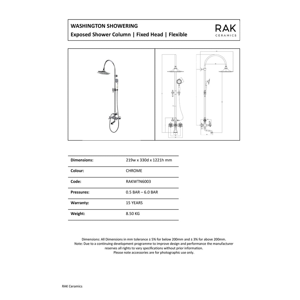 RAK Washington Traditional Exposed Shower Column - Chrome