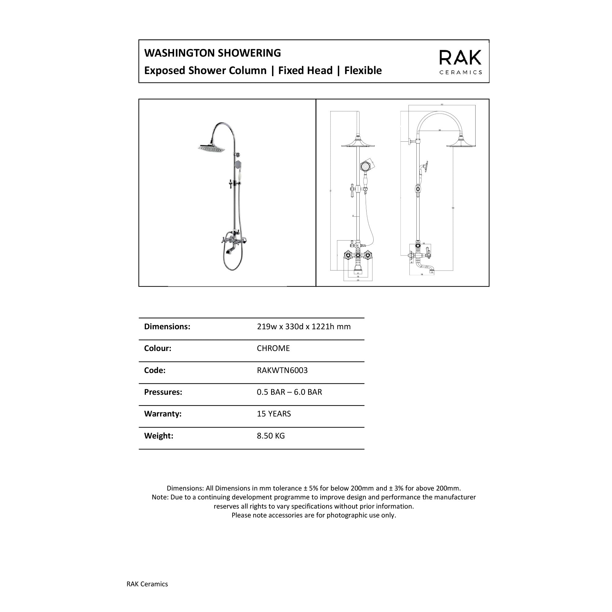 RAK Washington Traditional Exposed Shower Column - Chrome