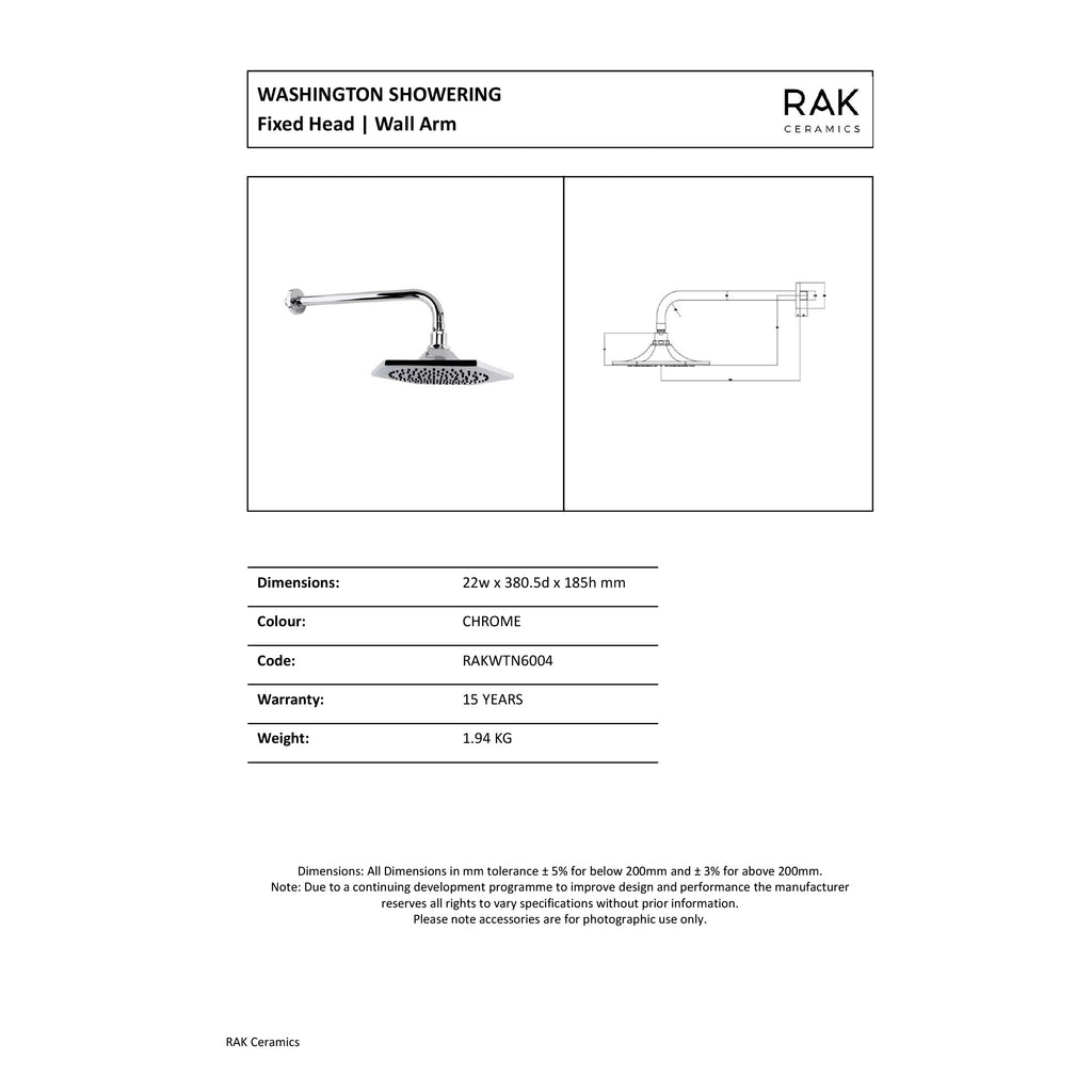 RAK Washington Traditional Fixed Shower Head & Wall Arm - Chrome