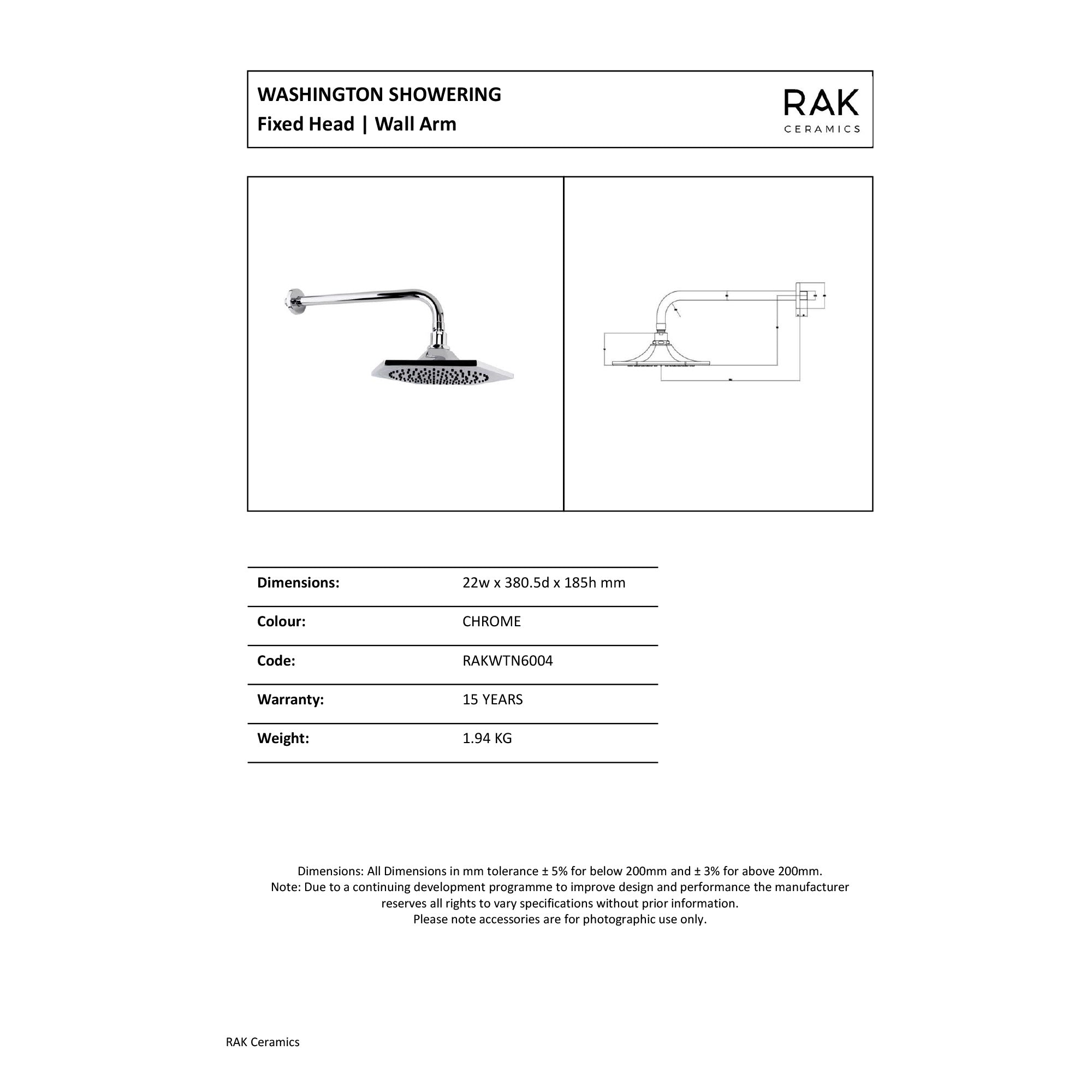 RAK Washington Traditional Fixed Shower Head & Wall Arm - Chrome