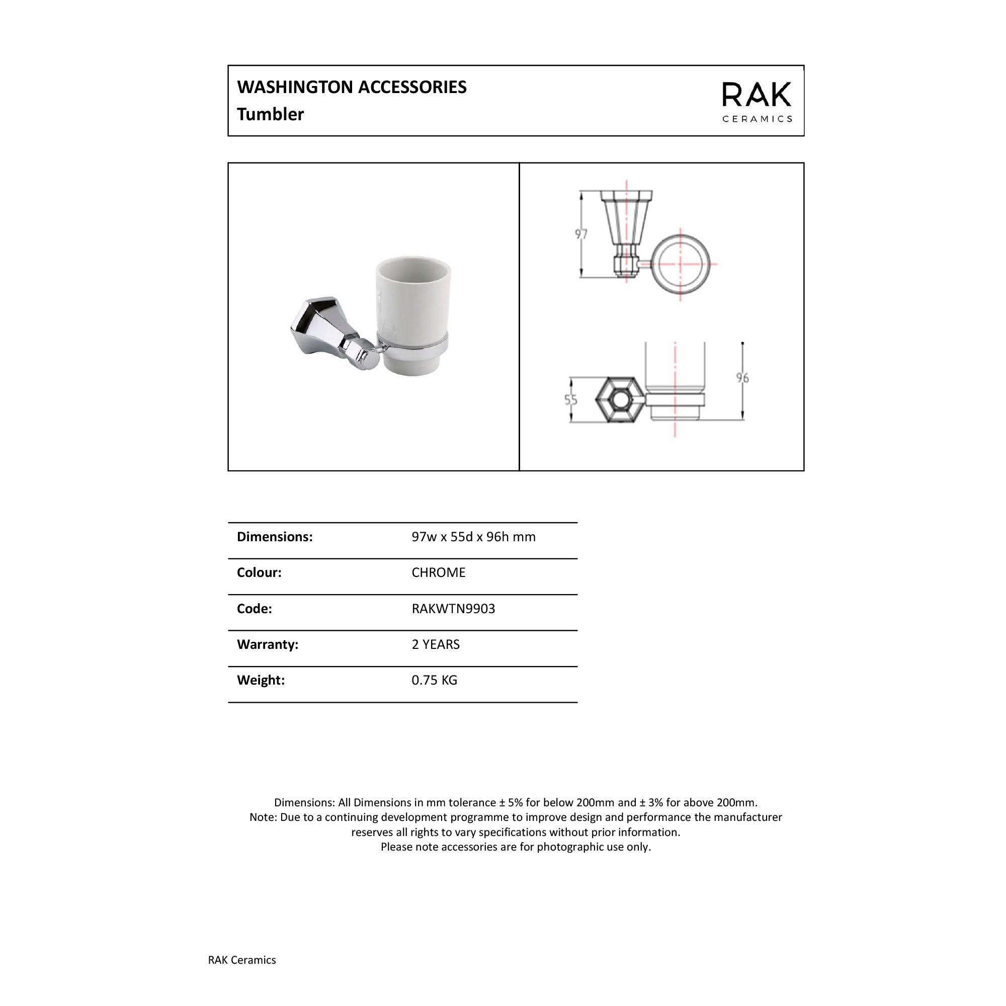 RAK Washington Traditional Single Tumbler - Chrome