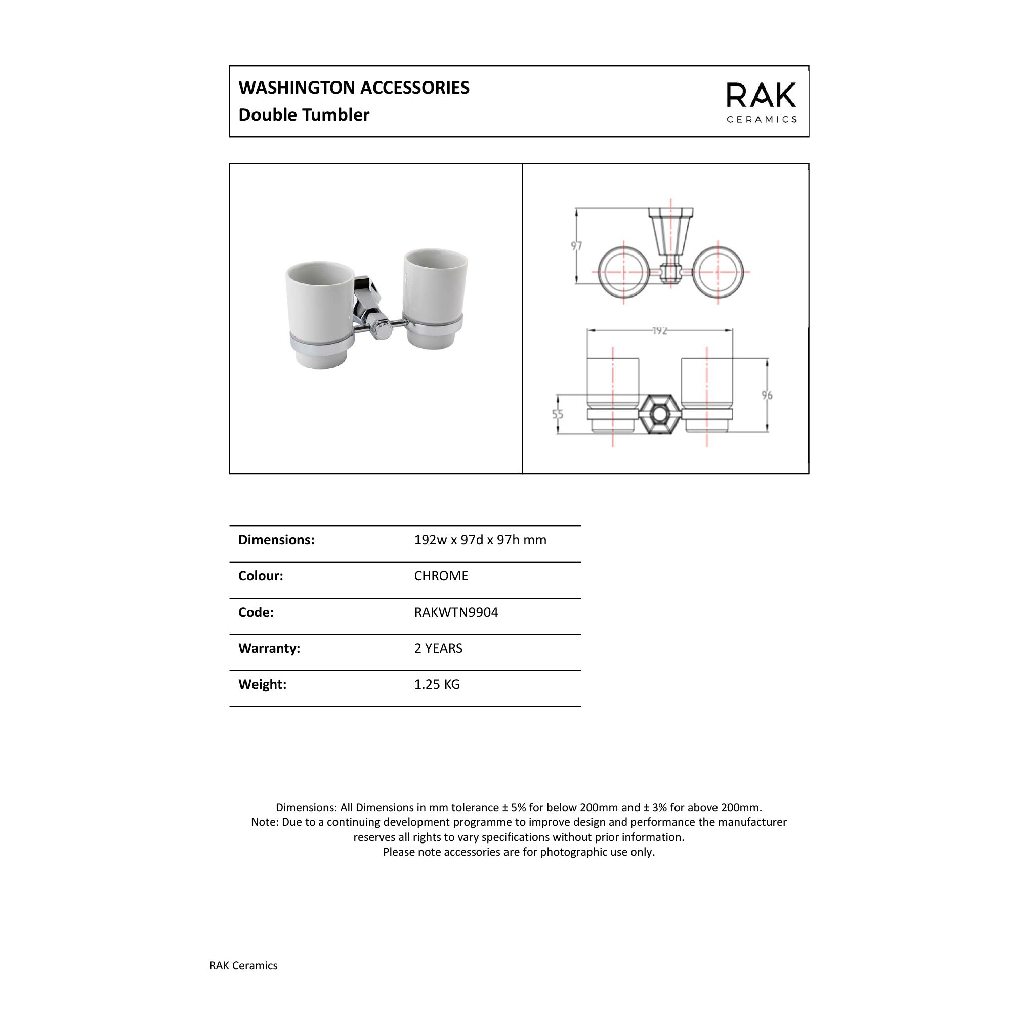 RAK Washington Traditional Double Tumbler - Chrome