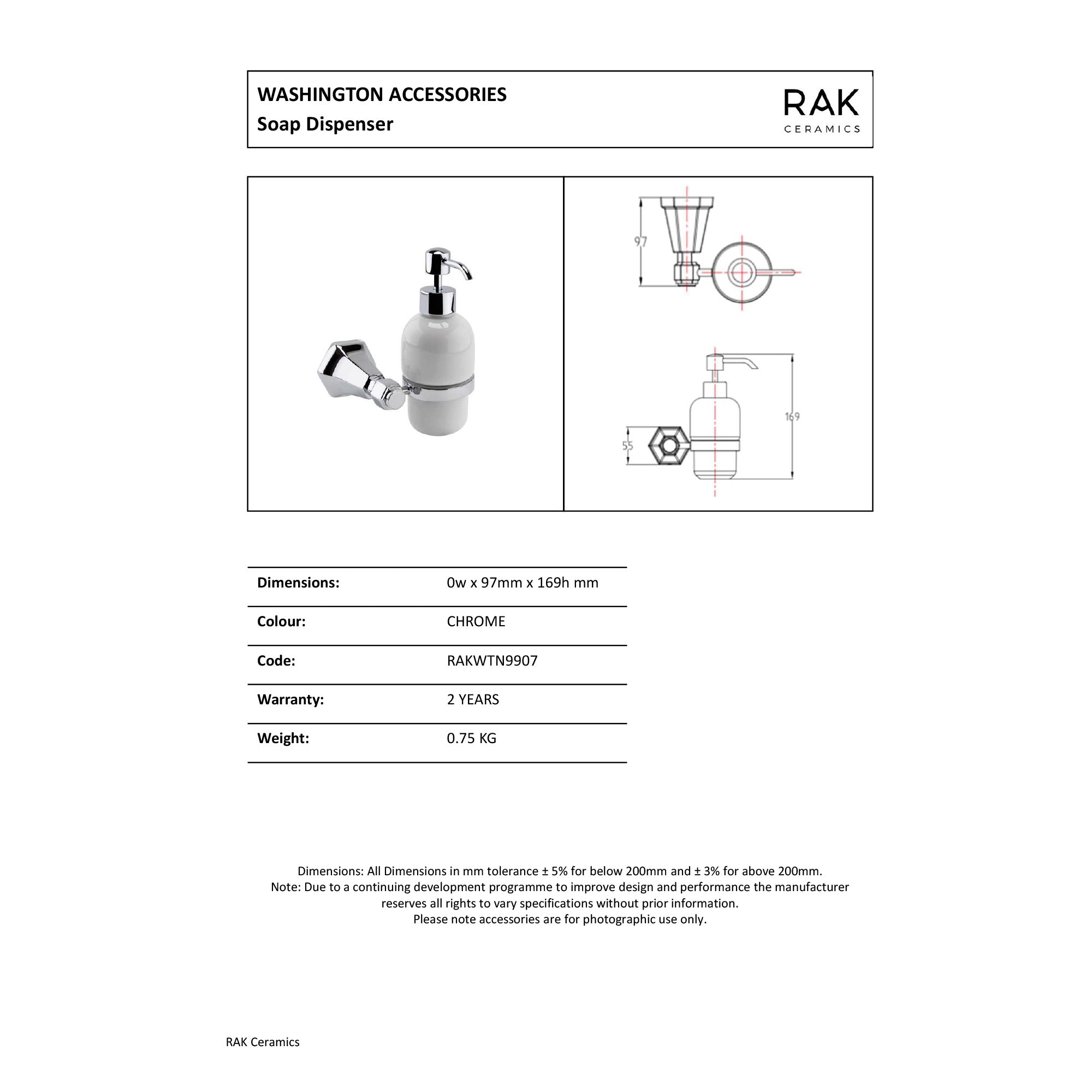 RAK Washington Traditional Ceramic Soap Dispenser - Chrome