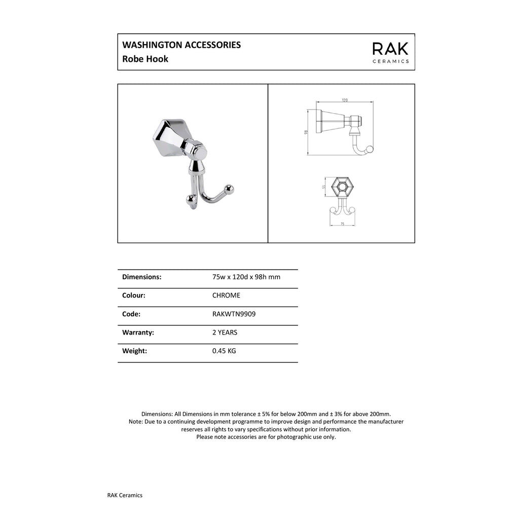 RAK Washington Traditional Robe Hook - Chrome