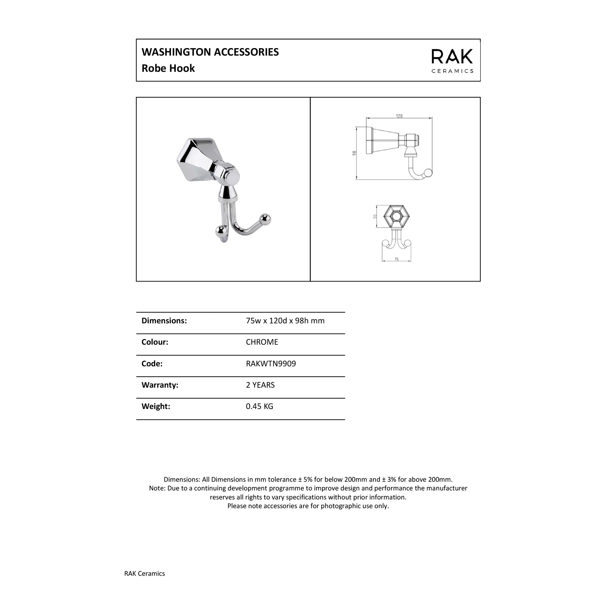 RAK Washington Traditional Robe Hook - Chrome