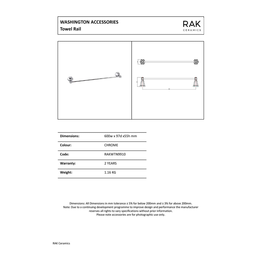 RAK Washington Traditional 60cm Single Towel Rail - Chrome