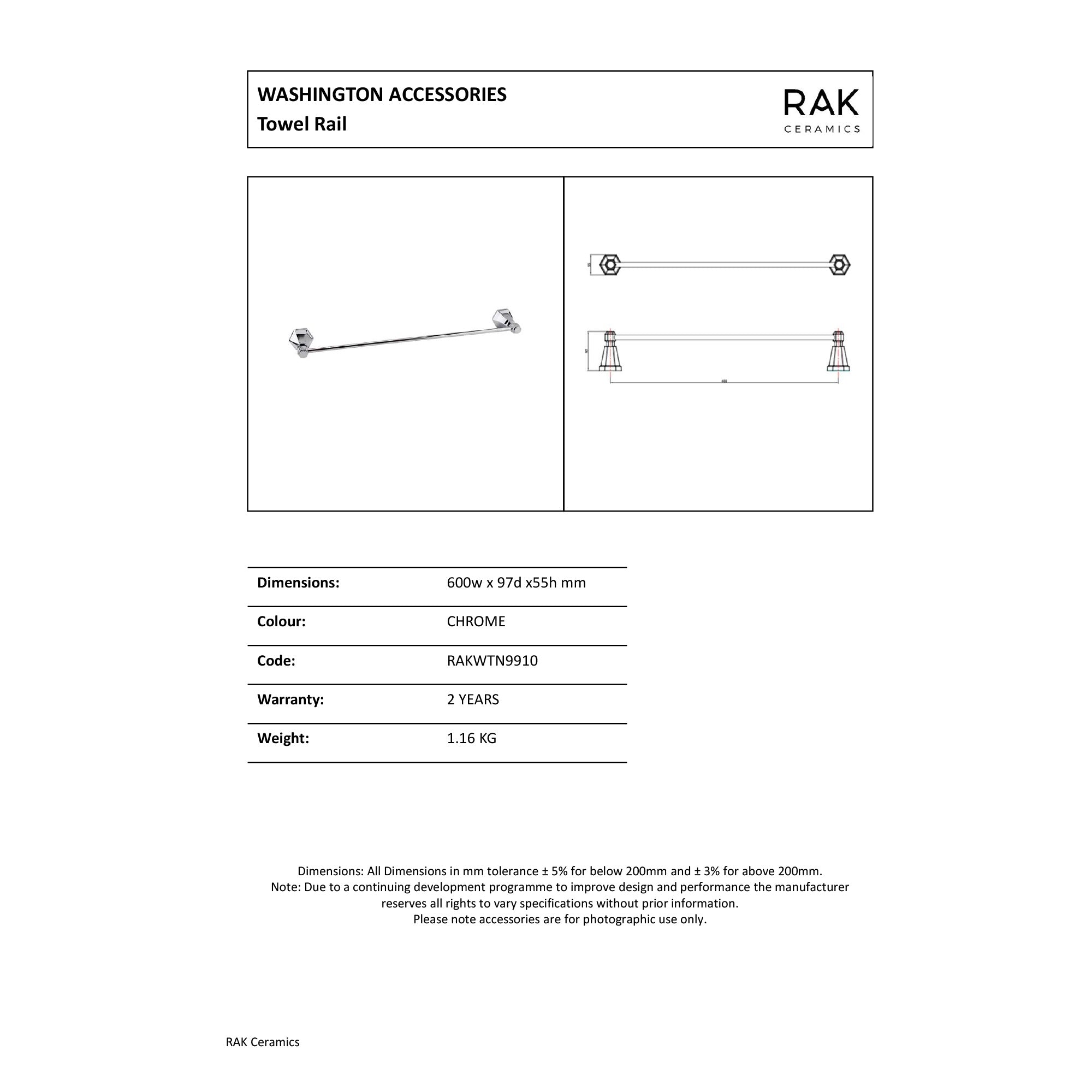 RAK Washington Traditional 60cm Single Towel Rail - Chrome