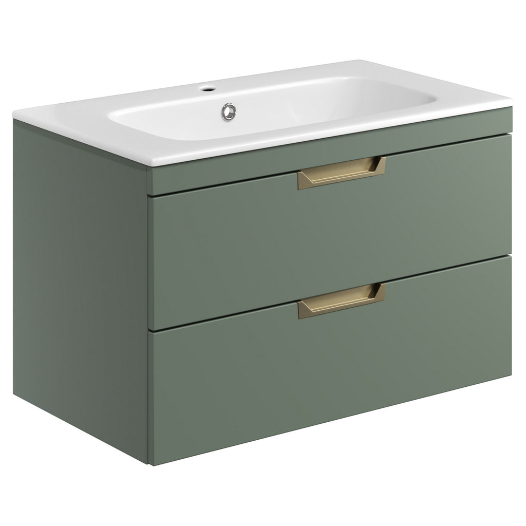 Aurelius Reed Green 800mm Wall Mounted Vanity Unit Basin And Brass Tap Set