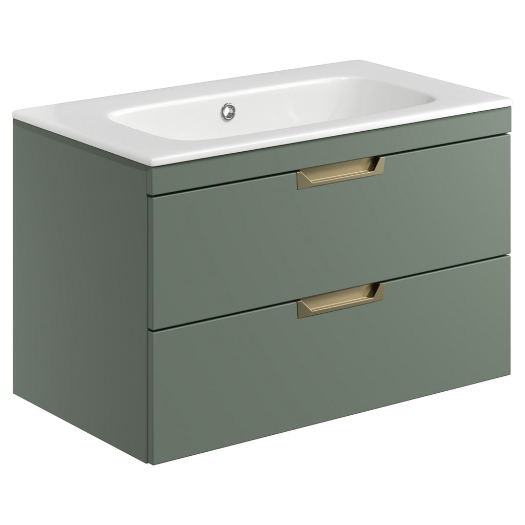 Aurelius Reed Green 800mm Wall Mounted Vanity Unit Basin And Brass Tap Set
