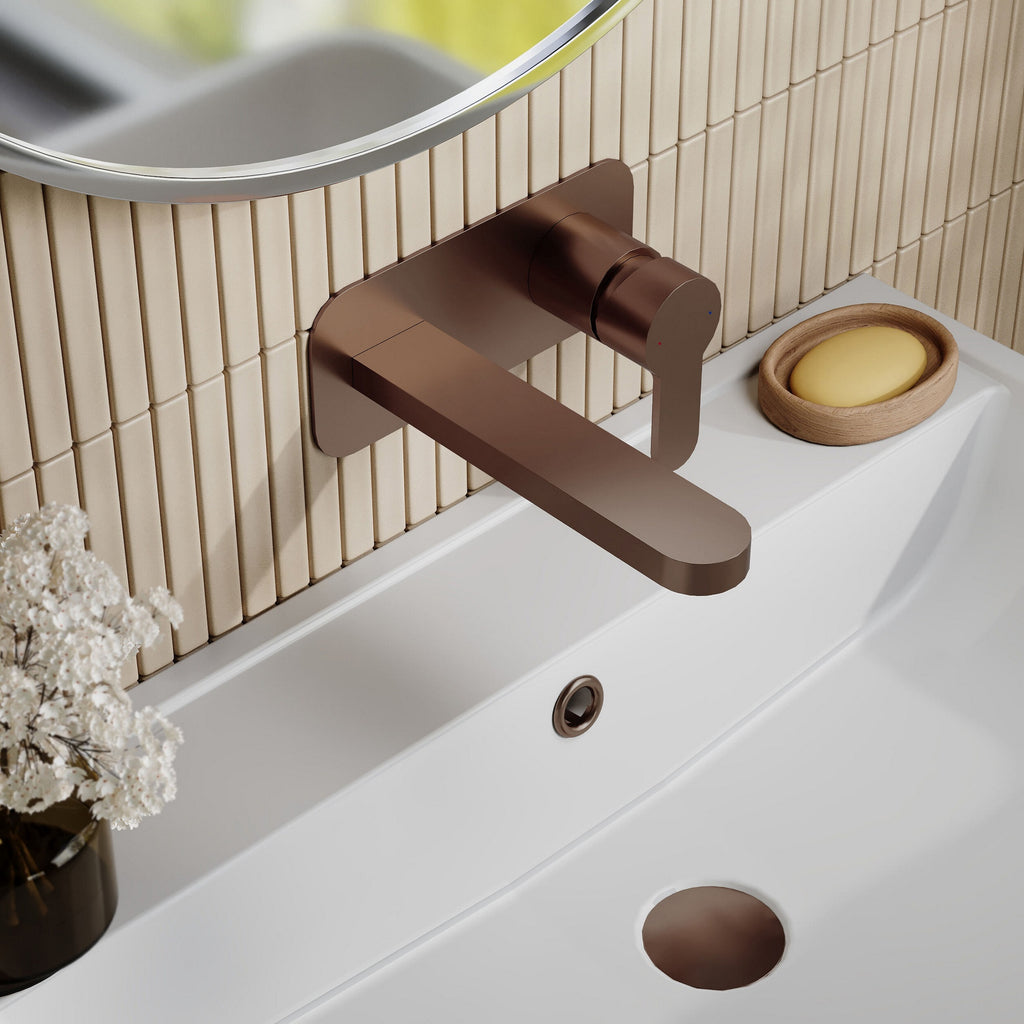 Vela Wall Mounted 2 Tap Hole Basin Mixer With Plate Brushed Bronze