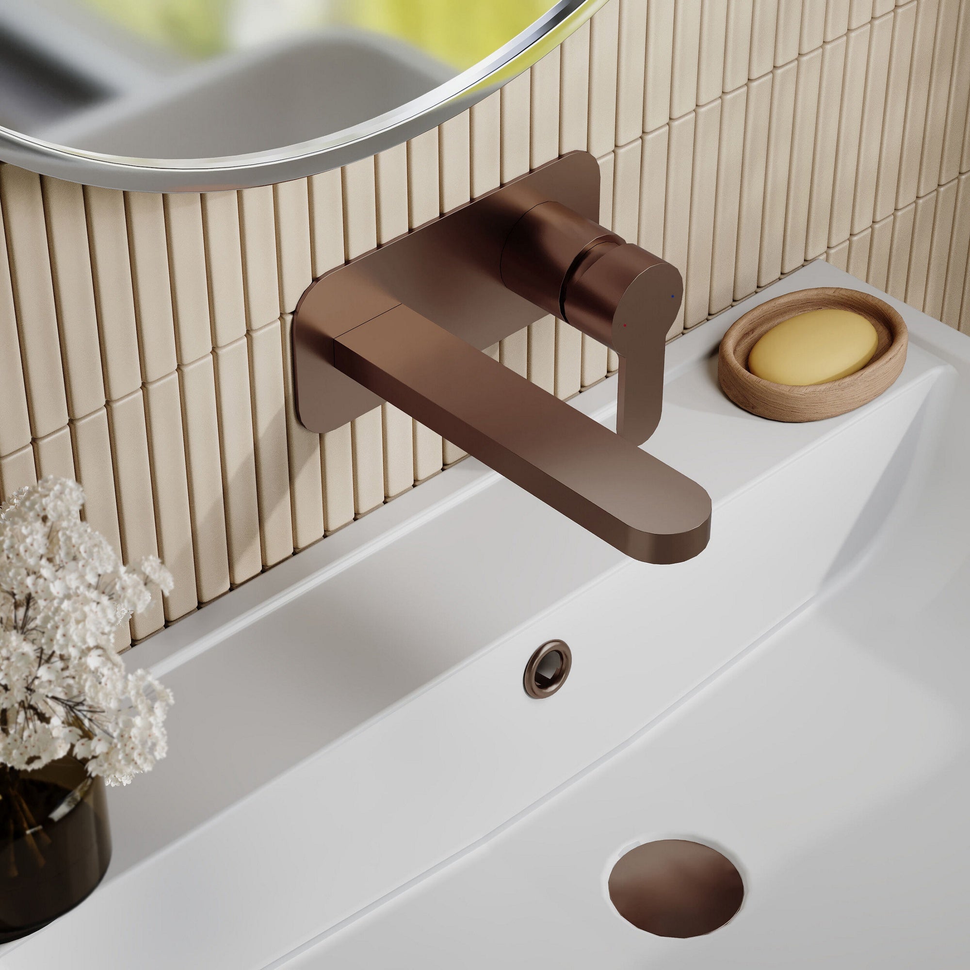 Vela Wall Mounted 2 Tap Hole Basin Mixer With Plate Brushed Bronze