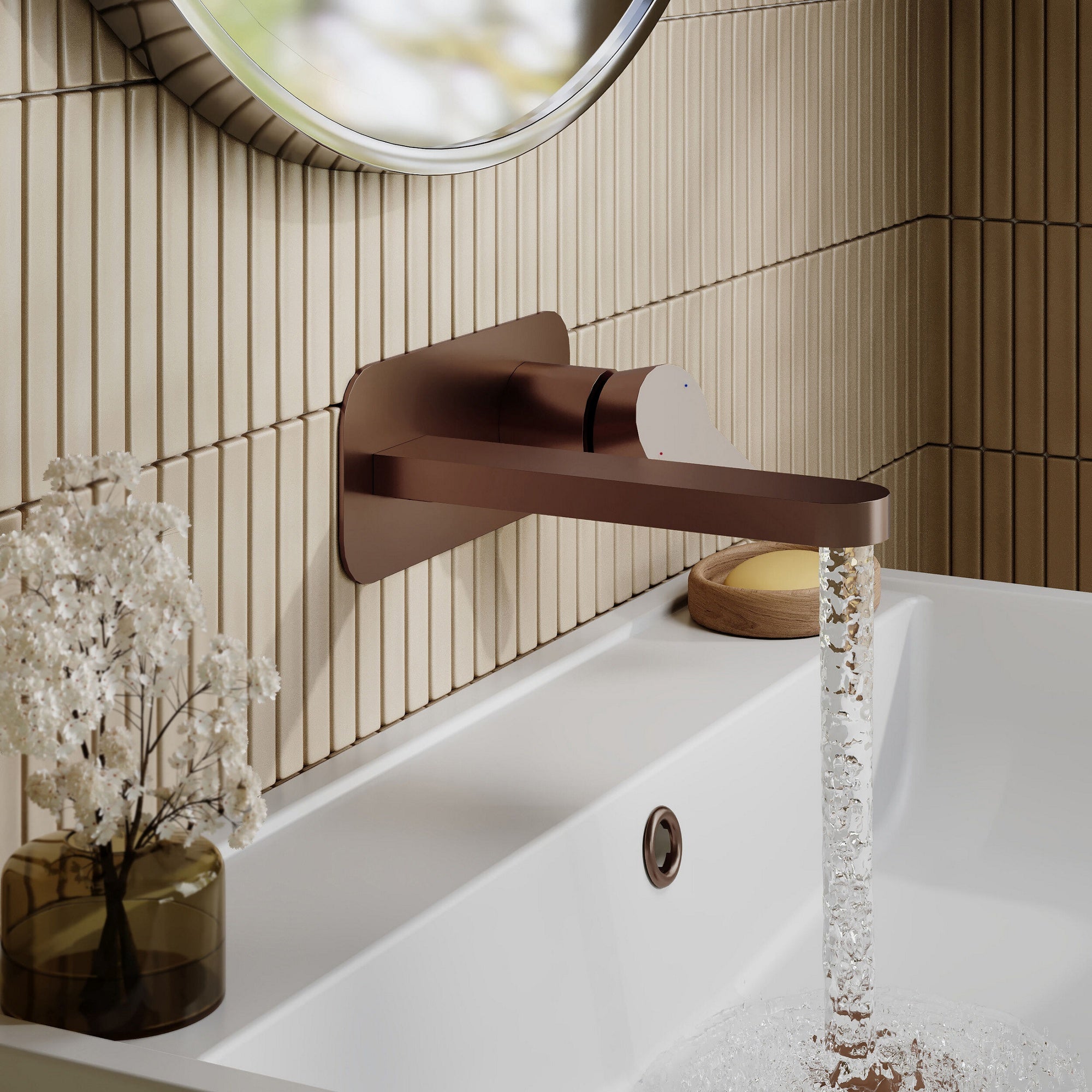 Vela Wall Mounted 2 Tap Hole Basin Mixer With Plate Brushed Bronze