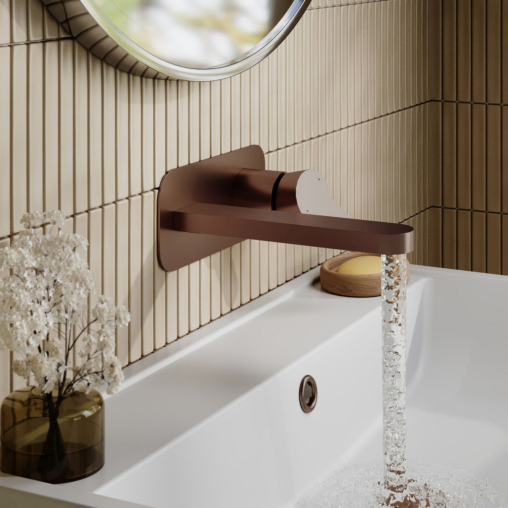 Vela Wall Mounted 2 Tap Hole Basin Mixer With Plate Brushed Bronze